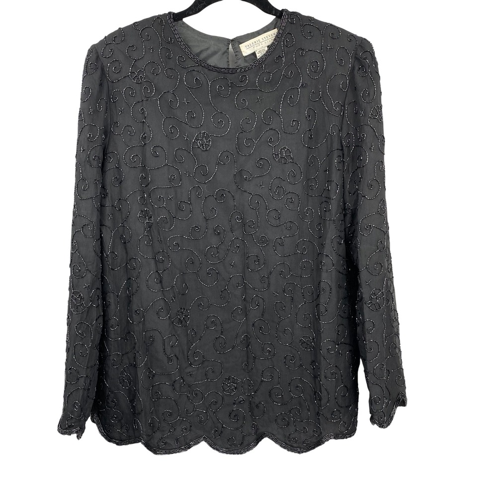 Vintage Valerie Stevens Black Beaded Silk‎ Long Sleeve Scalloped Hem Top Size 8